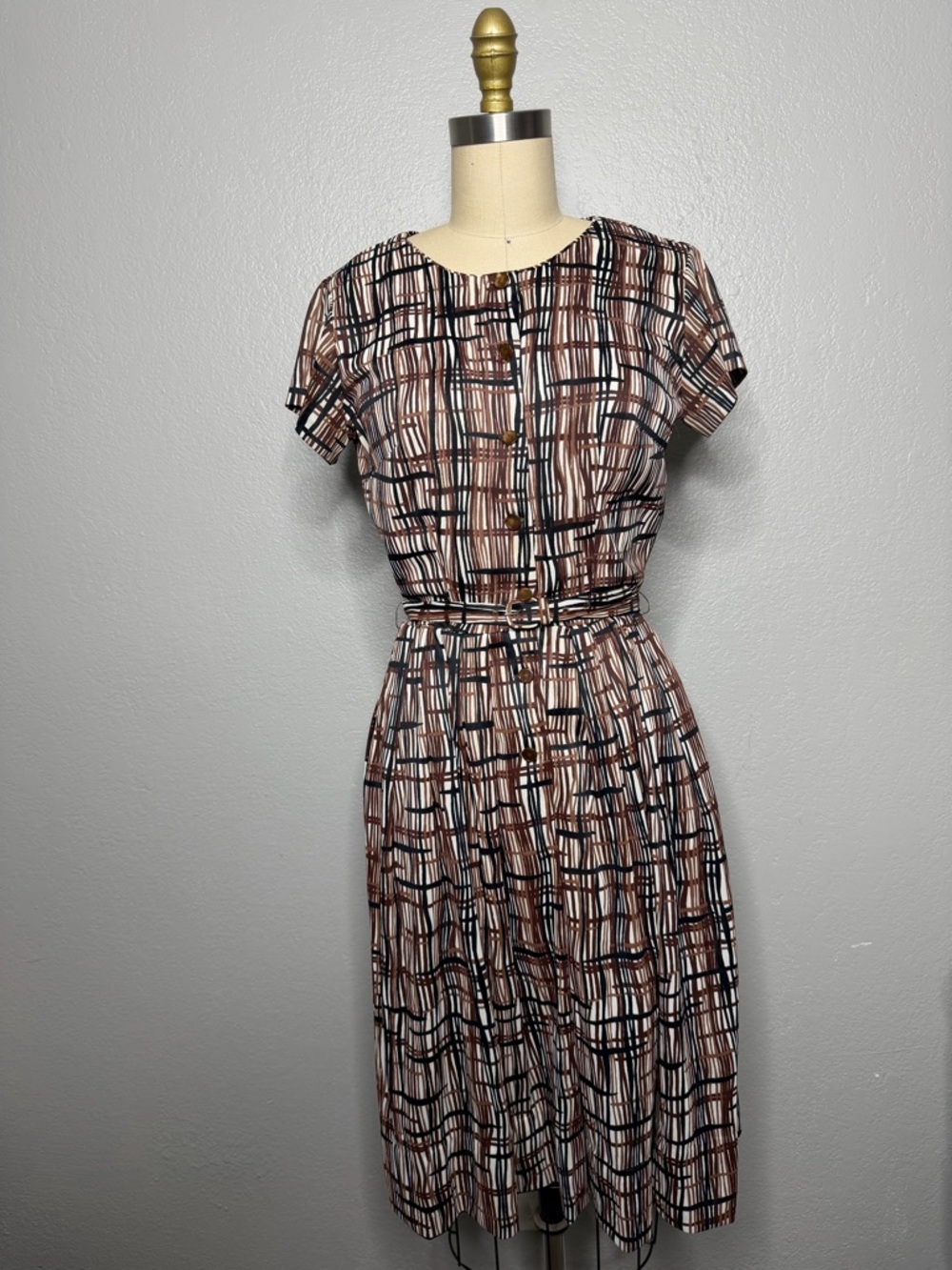 Vintage 60s Brown & Black Grid-Print Short Sleeve shift Dress mad men